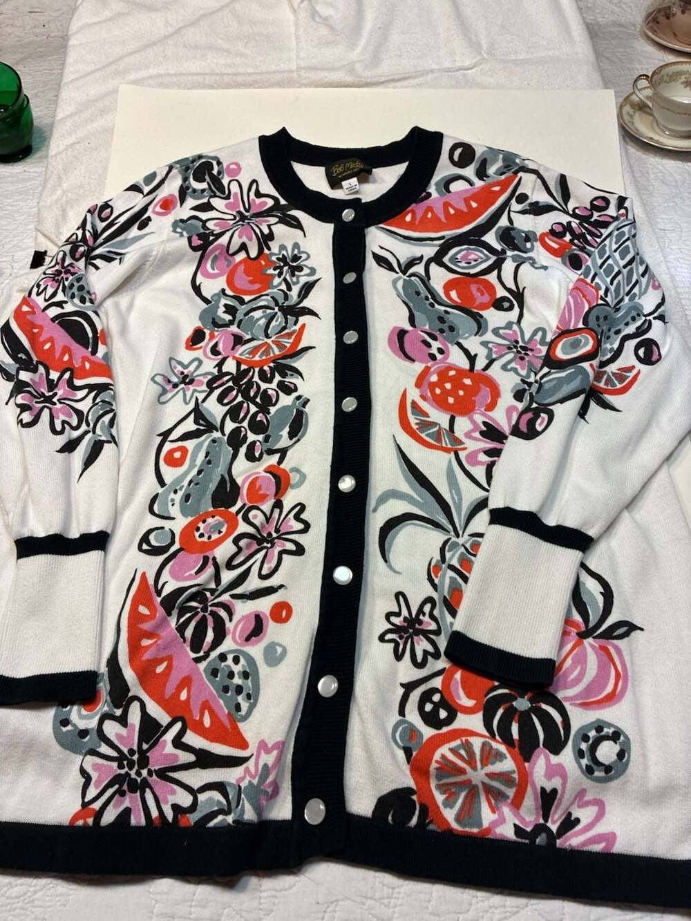 Bob Mackie Wearable Art Fruit and Floral Print Button-Down Cardigan